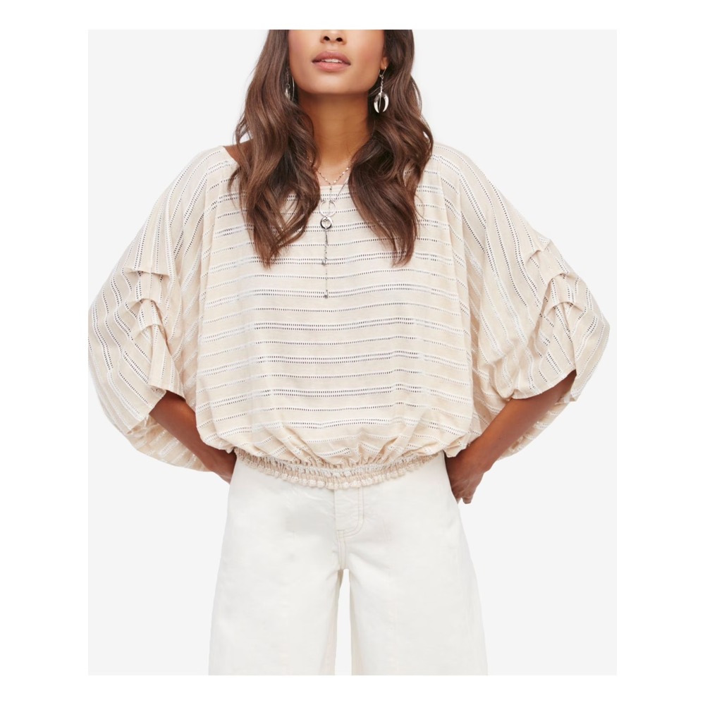 Free People Azalea Eyelet Stripe Dolman Top‎ oversize relax loose fit Ivory Sz M - Picture 8 of 9